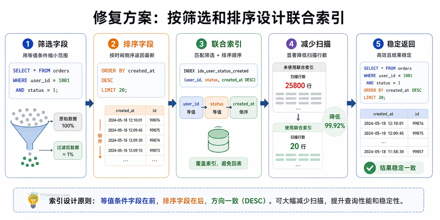 MySQL ORDER BY 联合索引优化流程图，展示筛选字段、排序字段、联合索引、减少扫描和耗时下降