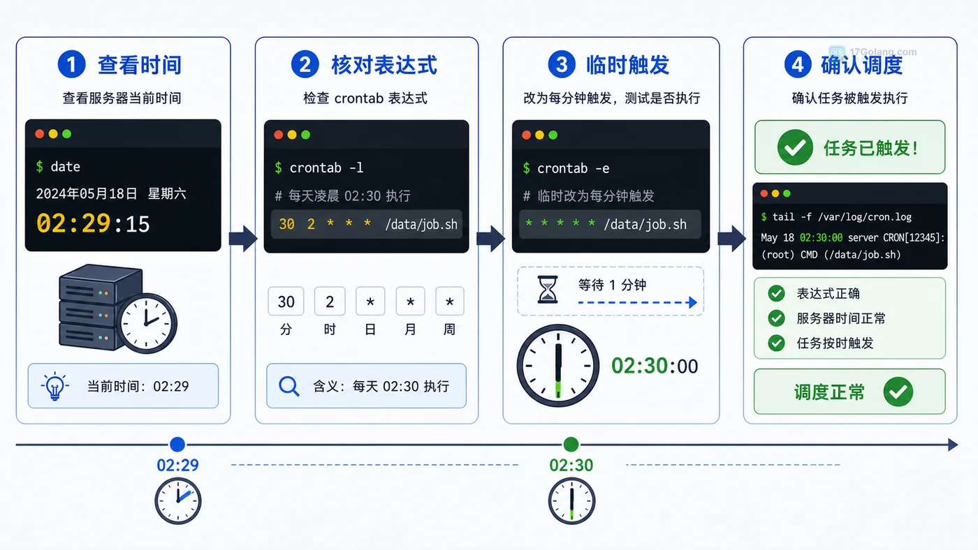 Linux crontab 时间排查：查看当前时间、核对表达式、临时触发、确认调度