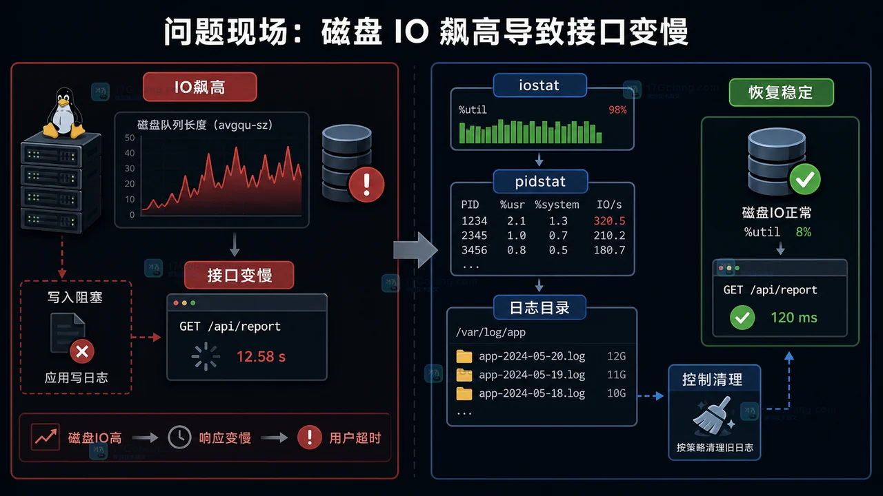 Linux 磁盘 IO 飙高导致接口变慢，并通过 iostat、pidstat、日志目录定位后恢复稳定