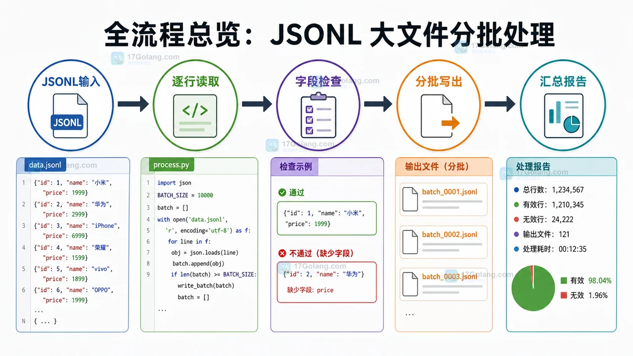 Python JSONL 大文件从输入、逐行读取、字段检查、分批写出到汇总报告的流程图