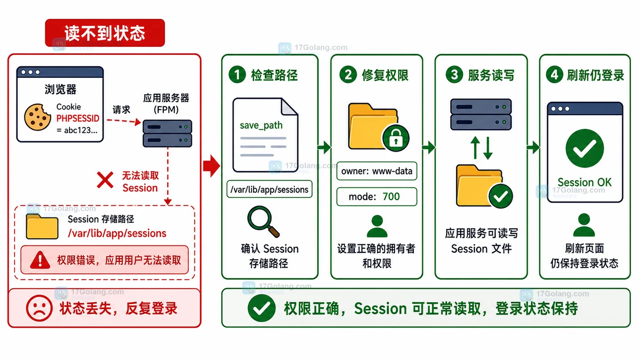 PHP Session 存储路径和权限修复流程图