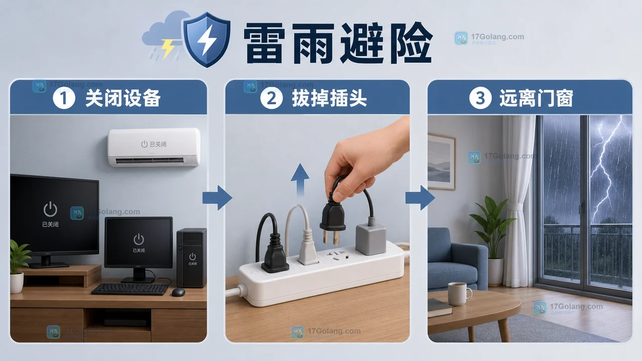 雷雨天按关闭设备拔掉插头并远离门窗的家庭用电安全提示插画