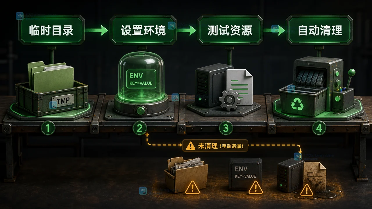 Go 测试资源从 t.TempDir 创建、t.Setenv 配置、写入临时文件到 t.Cleanup 自动收尾的生命周期与检查点插画
