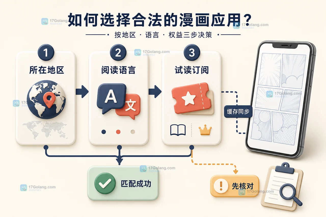 漫画 App 使用前判断卡片：核对所在地区、阅读语言、试读或订阅权益，再确认缓存和同步范围