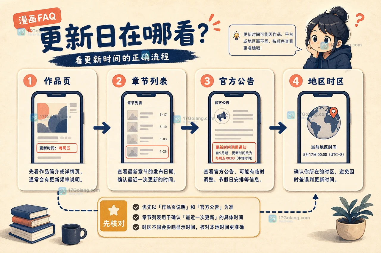 漫画更新时间核对流程：先看作品页章节列表，再查连载状态和官方公告，最后确认地区时区差异