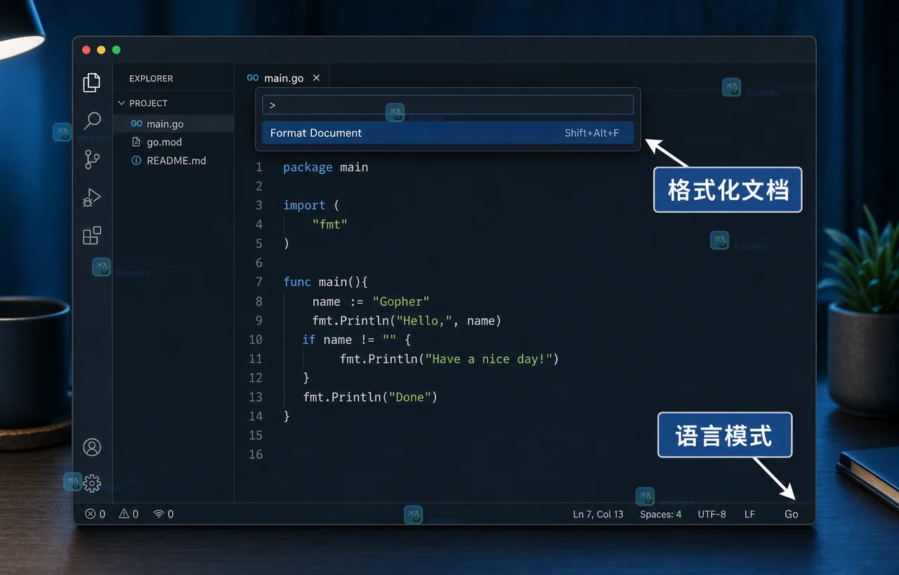 VS Code 编辑器中从状态栏语言模式进入格式化文档检查的原创界面示意图