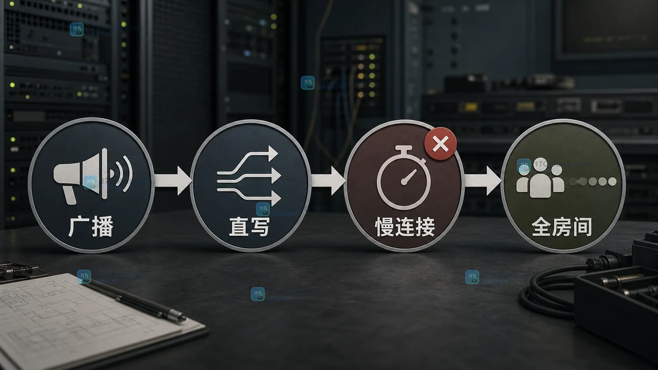 Go WebSocket 房间广播直写路径中慢连接拖住全房间消息的示意图