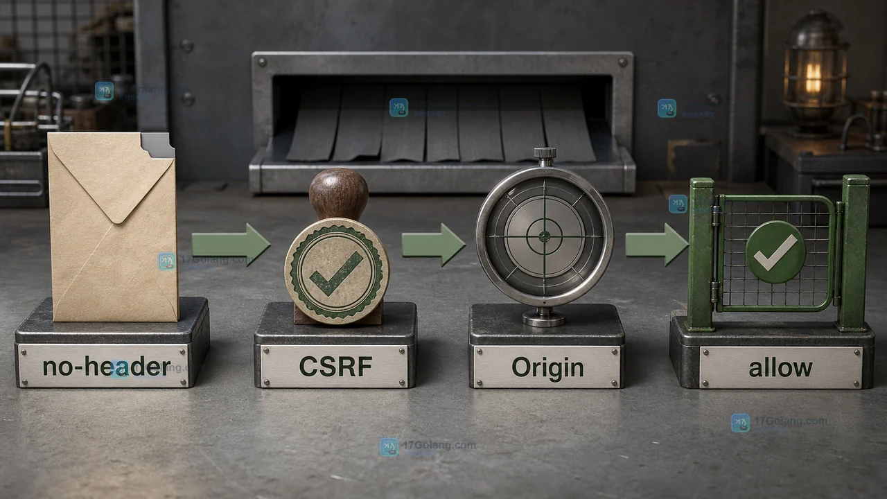 Go 服务在 no-header 请求下继续经过 CSRF、Origin 和 allow 校验链的低饱和工程场景图