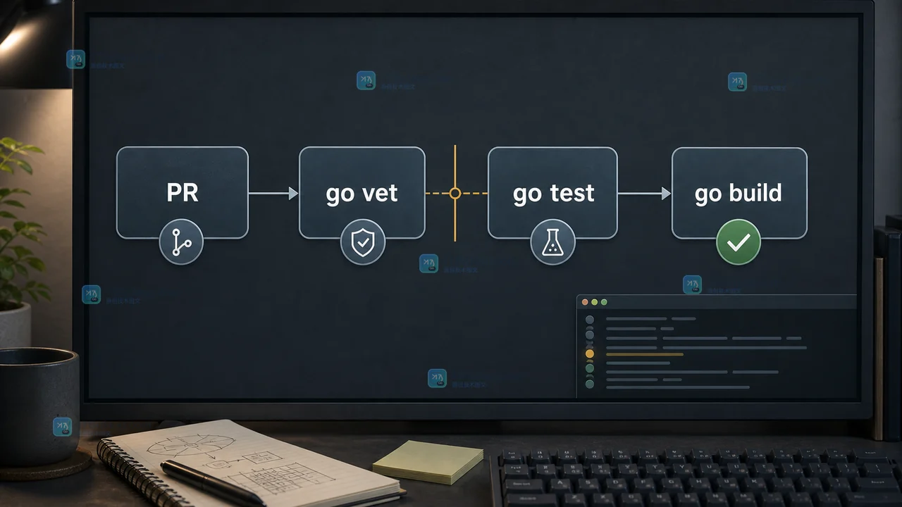 Go GitHub Actions 从 pull request 进入 go vet、go test、go build 并返回质量门禁结果的低饱和调用链图