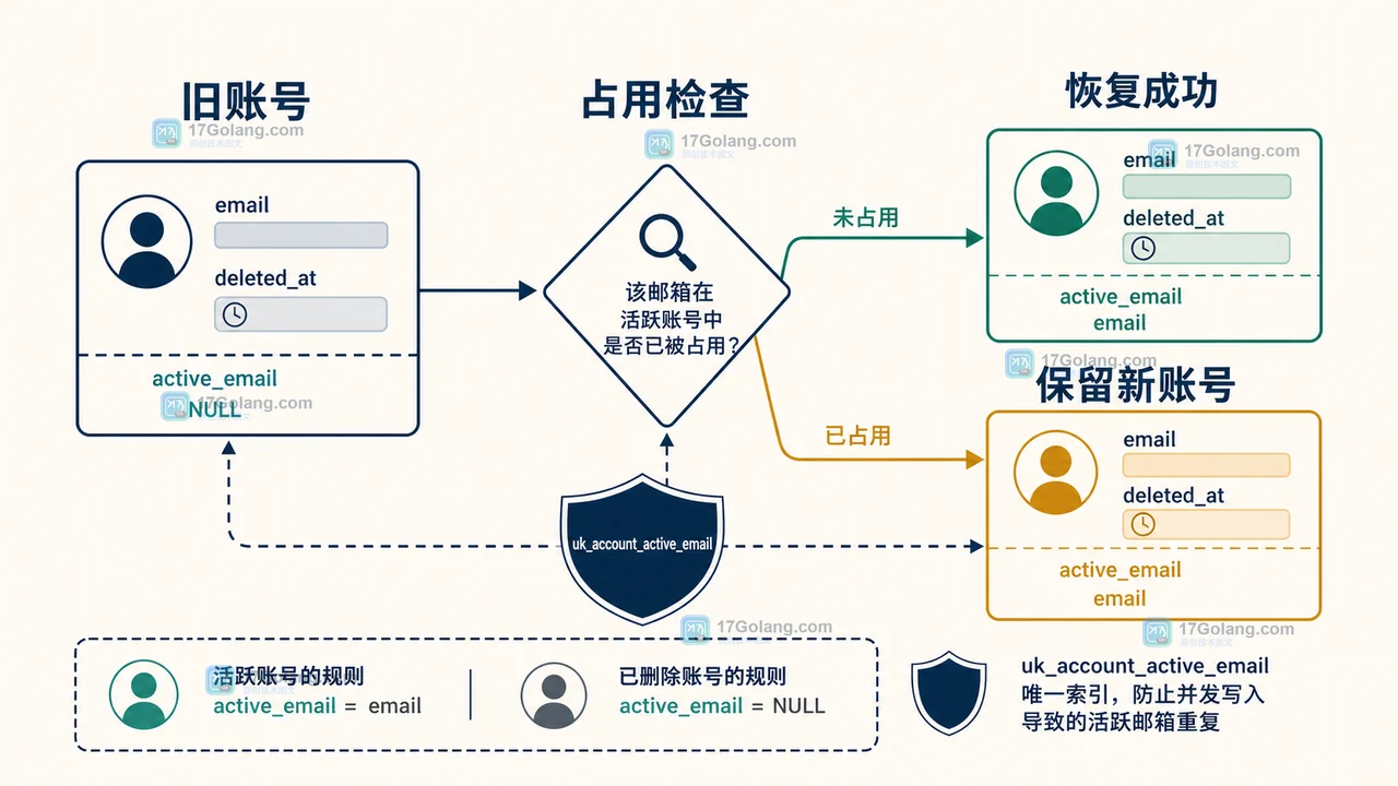 MySQL 软删除账号恢复检查：旧账号经过邮箱占用判断，分支为恢复成功或保留新账号，唯一索引负责并发兜底