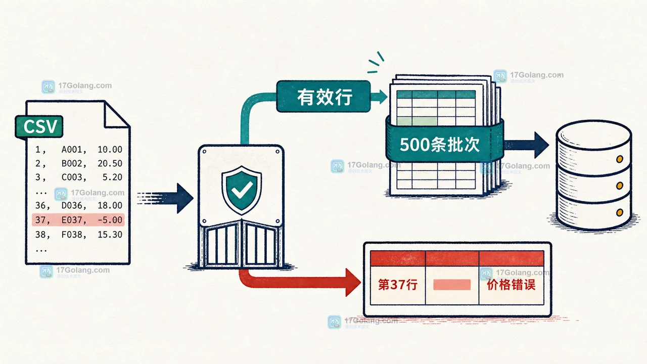 Go CSV 导入流程中,有效行进入五百条批次写库,格式错误行以行号、列名和原因回传给用户