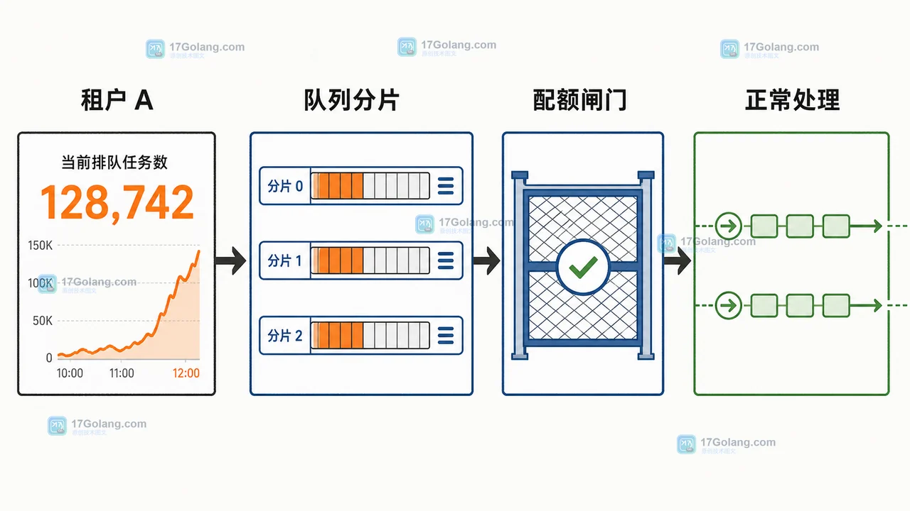 Java 多租户批量任务中，租户压力经过分片队列和配额闸门后被隔离的二维工程证据插画