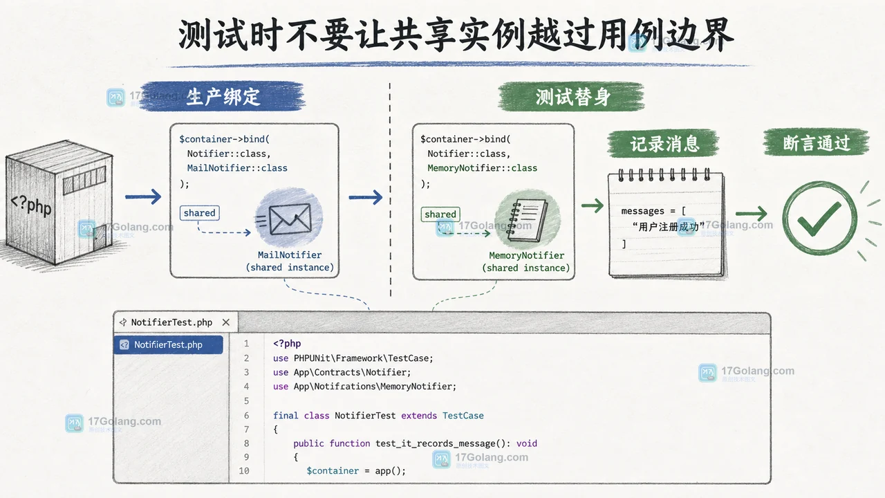 PHP 轻量容器的测试边界：生产环境绑定 MailNotifier，测试环境替换为 MemoryNotifier 并核对消息记录