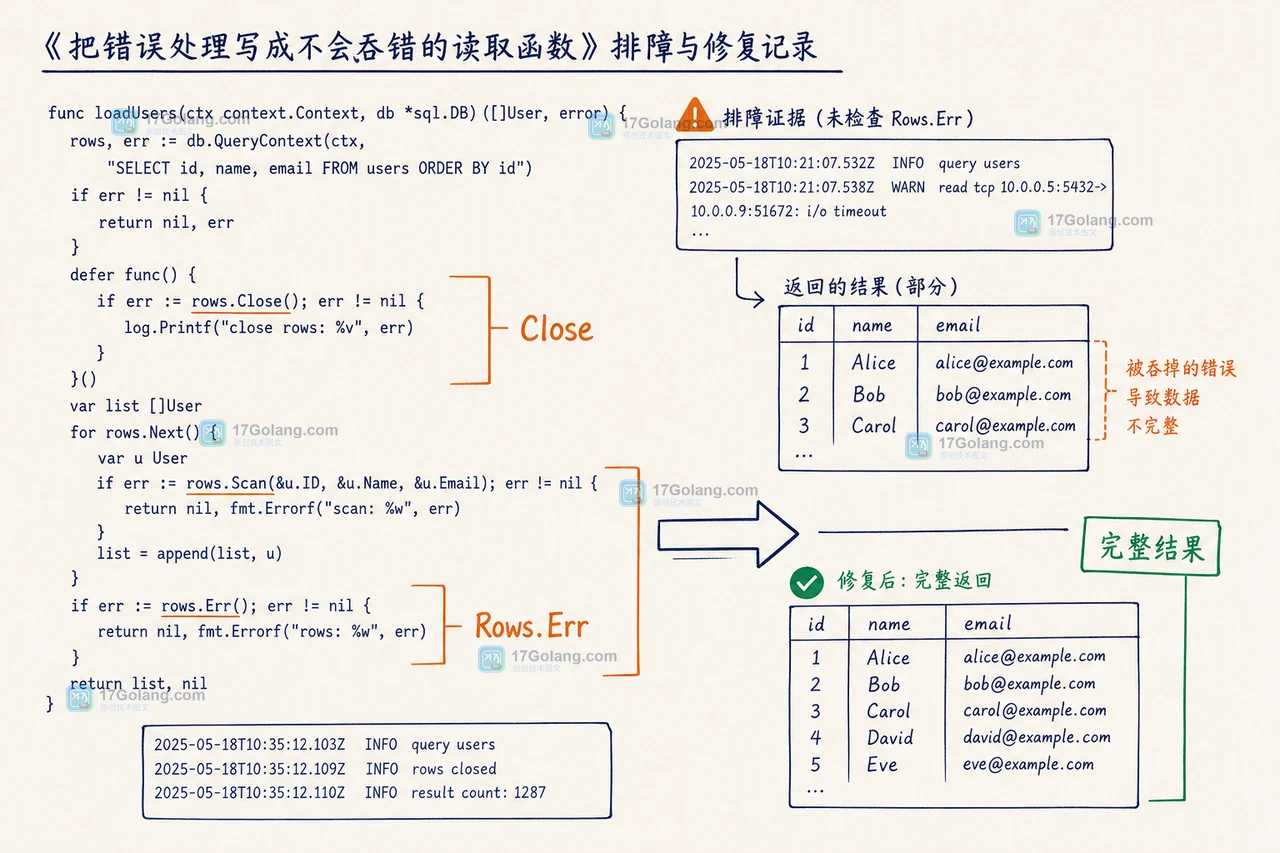 Go rows.Next 读取失败后的修复证据，展示 Scan、Rows.Err、Close 三个检查点和完整结果状态
