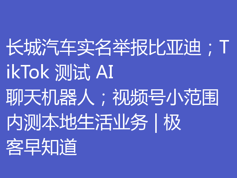 长城汽车实名举报比亚迪；TikTok 测试 AI 聊天机器人；视频号小范围内测本地生活业务 | 极客早知道