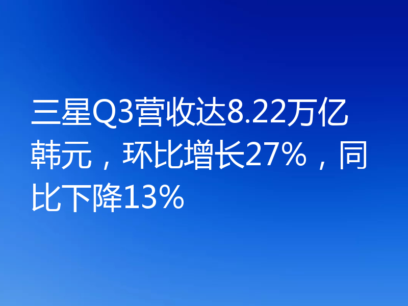 三星Q3营收达8.22万亿韩元，环比增长27%，同比下降13%