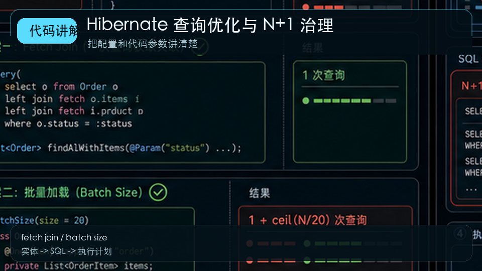 Hibernate 查询优化：N+1、批量抓取与只读事务治理 代码讲解图