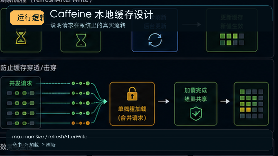 Caffeine 本地缓存设计：热点数据、过期策略与缓存击穿处理 运行逻辑图