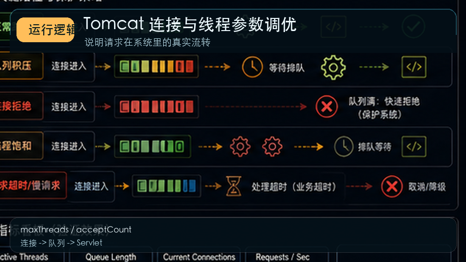 Tomcat 连接与线程参数调优：maxThreads、acceptCount 与 KeepAlive 运行逻辑图