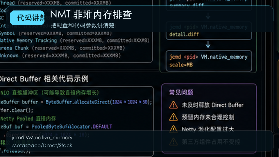 Java NMT 非堆内存排查：Direct Buffer、线程栈与 Metaspace 分析 代码讲解图