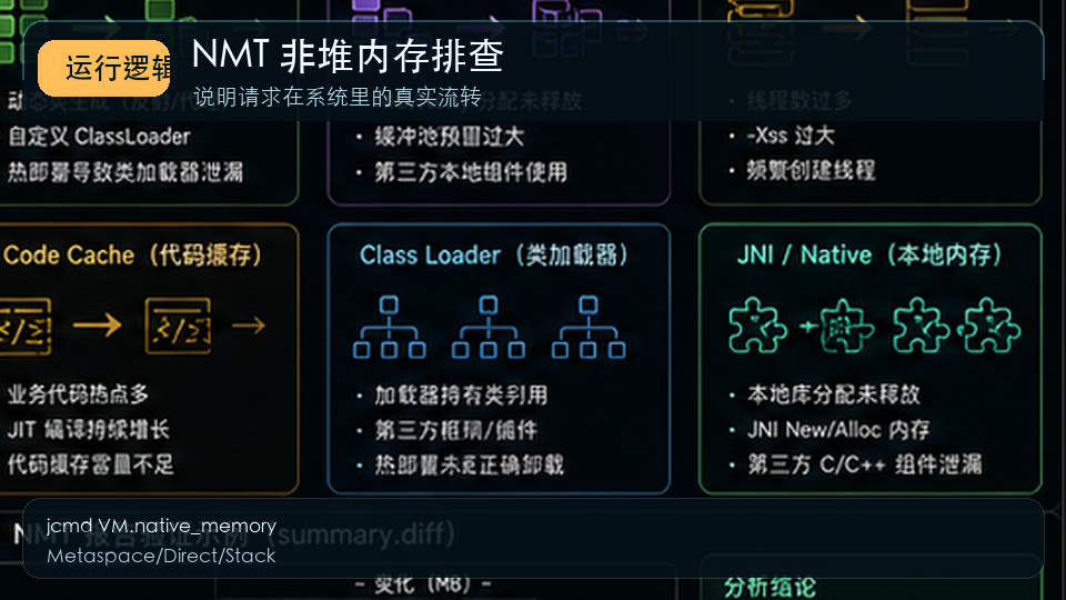Java NMT 非堆内存排查：Direct Buffer、线程栈与 Metaspace 分析 运行逻辑图