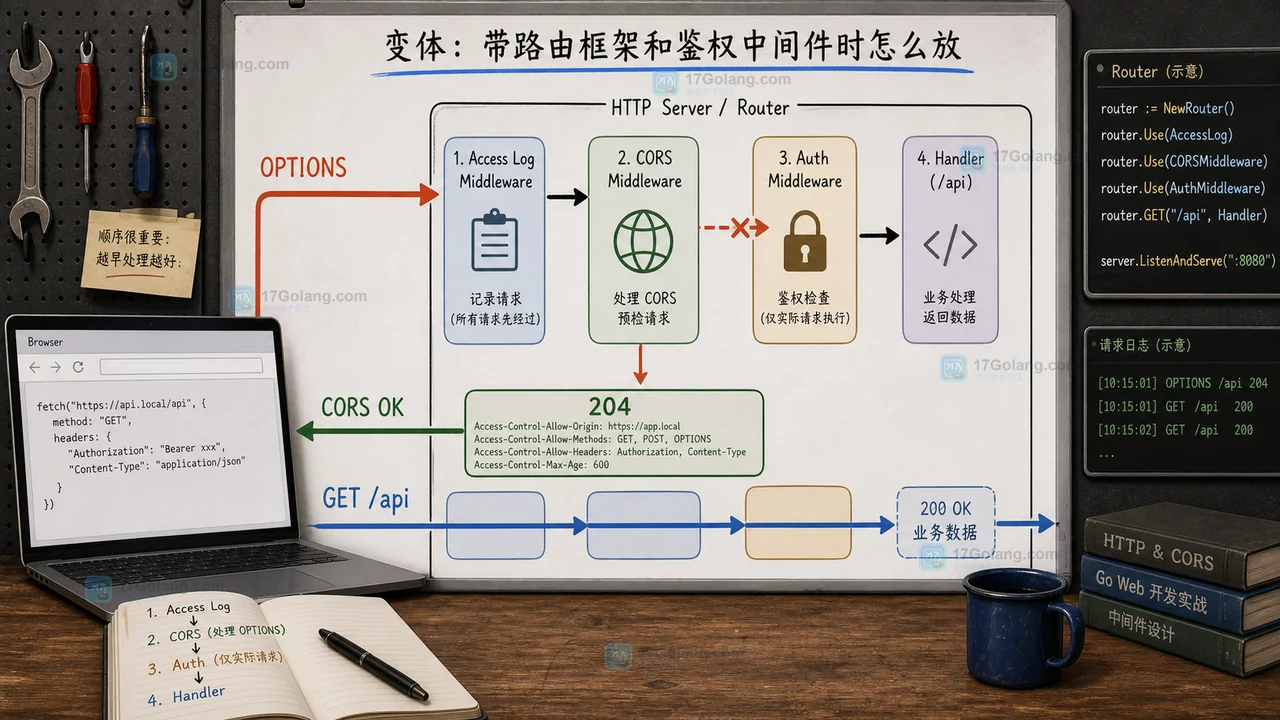 Go 服务先处理 OPTIONS 预检并返回 CORS 响应头，浏览器再发送真实业务请求的成功路径