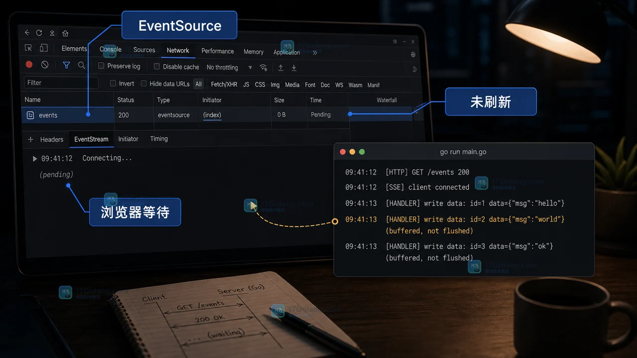 Go 写 SSE 接口为什么浏览器收不到消息：EventSource、Flush 和超时怎么排查