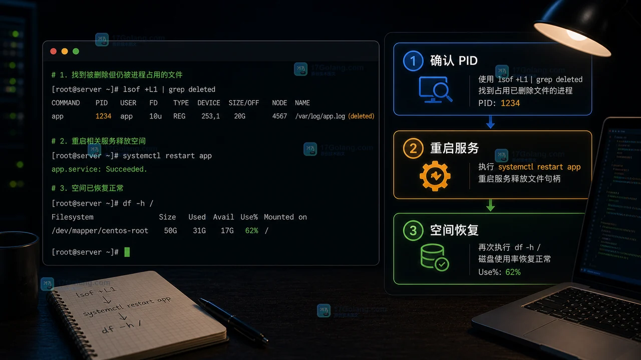Linux 用 lsof 找到 deleted 文件后确认 PID 重启服务并验证空间恢复