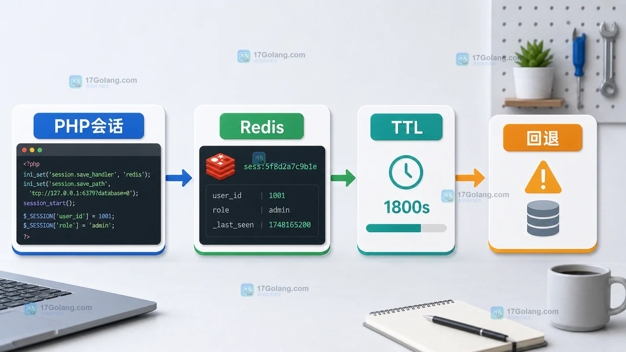 PHP 会话从本地文件迁移到 Redis 并设置 TTL 和回退策略的架构示意