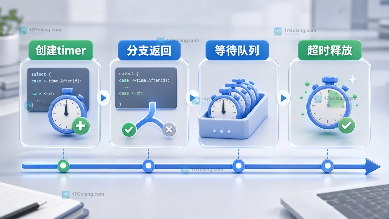 Go 循环中 time.After 创建定时器后因 select 走其他分支而进入等待队列的时间线