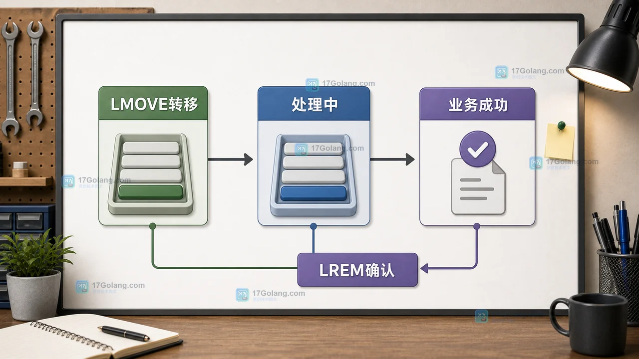 Redis List 使用 LMOVE 将任务转入处理中队列，业务成功后通过 LREM 确认删除的等待链
