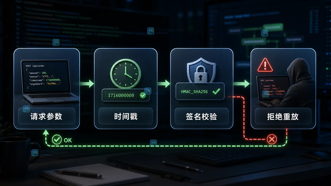Go 接口签名用 timestamp、HMAC 和 nonce 拒绝重放请求的调用链示意图