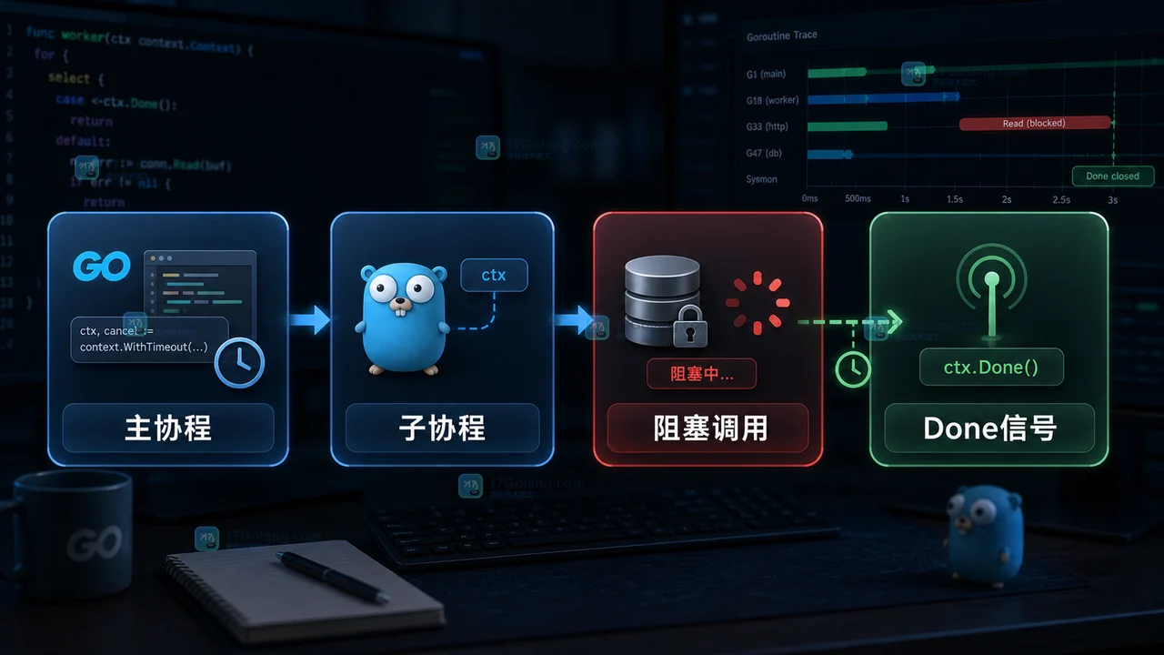Go context.WithTimeout 会自动停掉 goroutine 吗：取消信号和阻塞点怎么处理