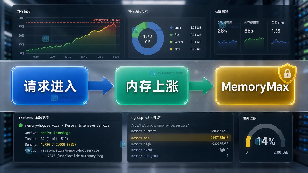 Linux cgroup v2 怎么限制服务内存：MemoryMax 上手和回退检查