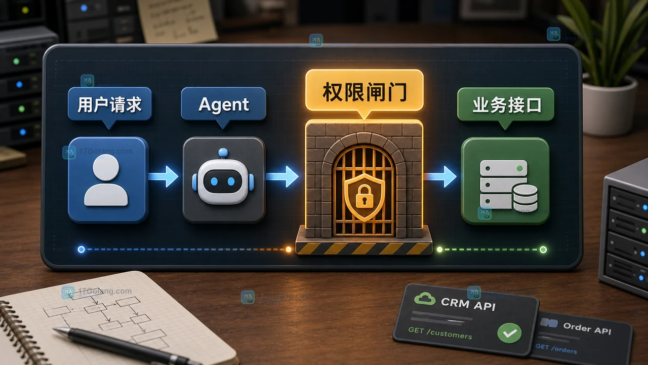 AI Agent 工具调用通过权限闸门后再访问业务接口的调用链追踪图