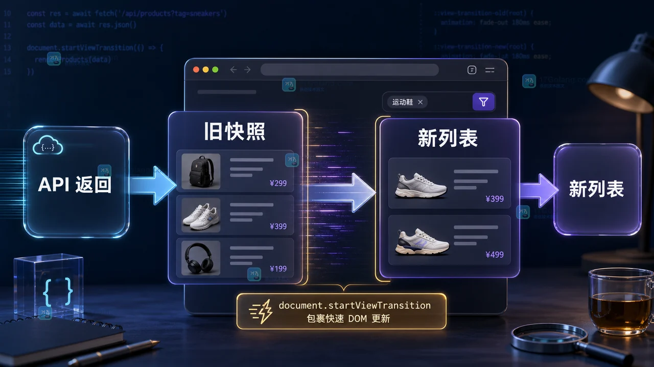 筛选请求返回后，旧列表快照经过 DOM 更新切换为新列表的 View Transition API 决策路径