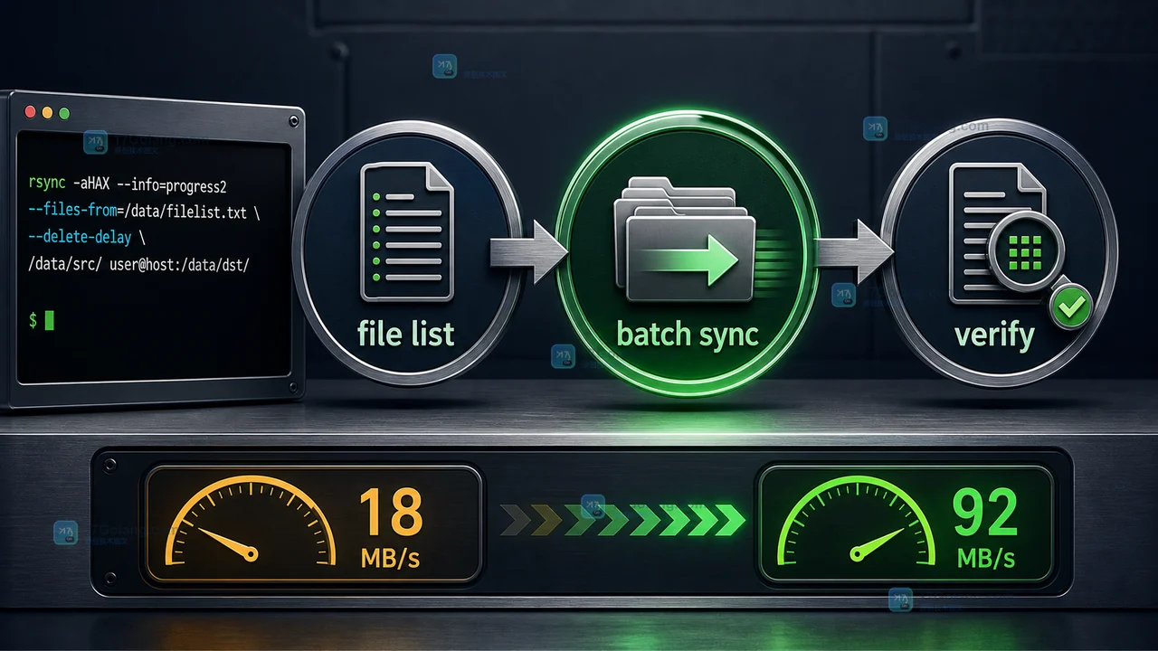 Linux rsync 大目录同步慢怎么优化：用文件清单和分批校验把 18MB/s 拉回 92MB/s