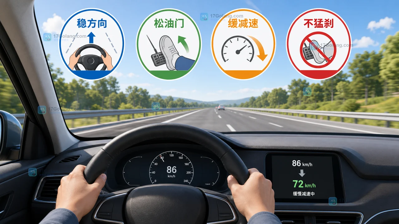 夏季行车突然爆胎时双手稳方向松油门缓慢减速的安全处置插画