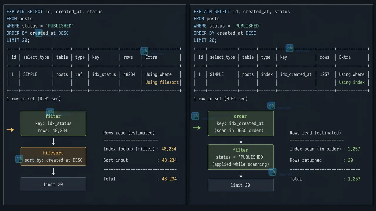 MySQL ORDER BY LIMIT 的原创工程证据截图,以低饱和执行计划对照展示排序索引边读边筛选与过滤索引后 filesort 的两条路径