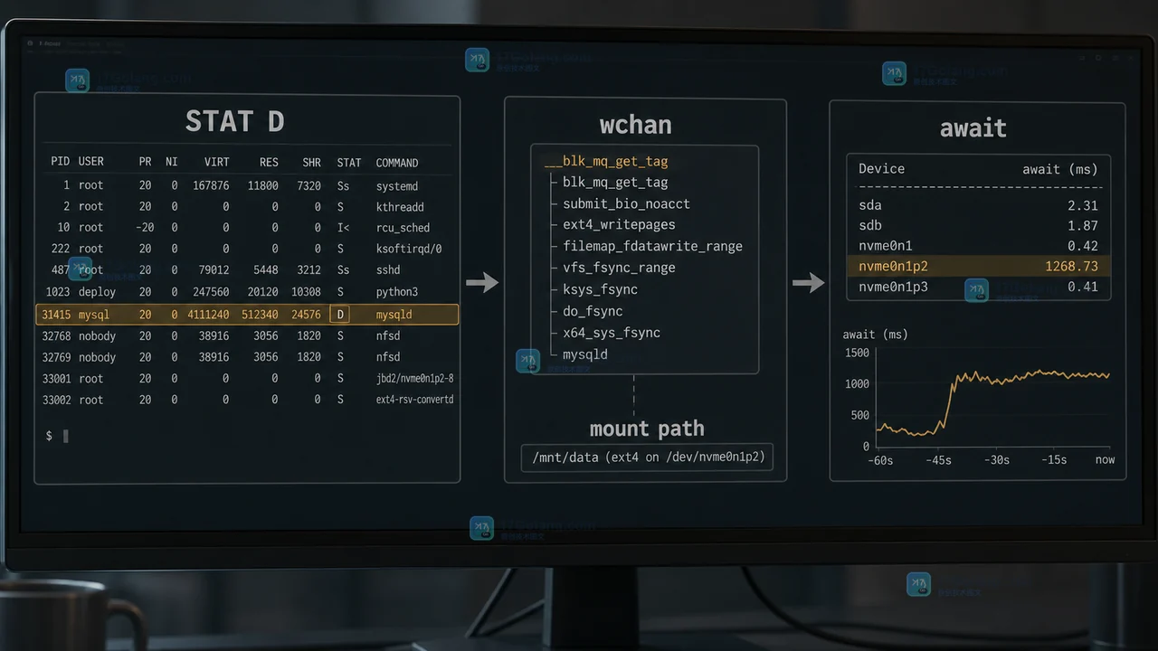 Linux 负载高但 CPU 不忙怎么查：从 D 状态、iowait 到磁盘队列的排查顺序