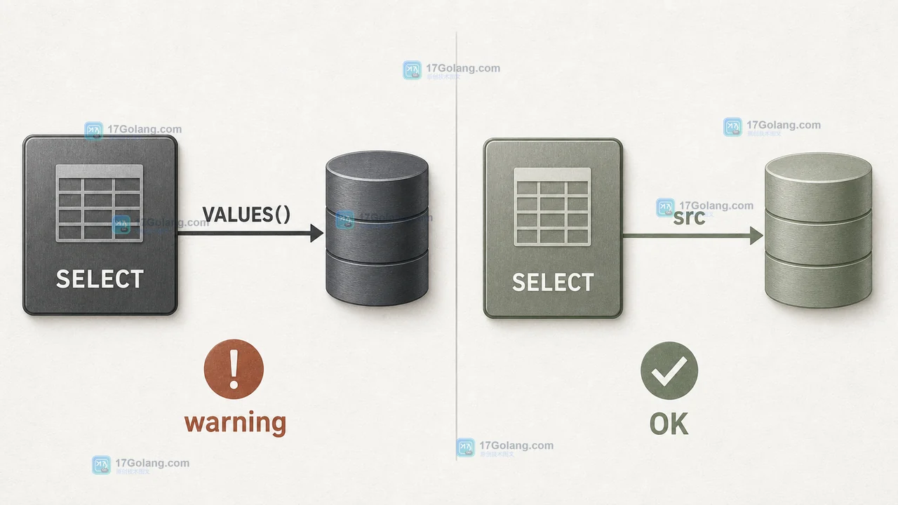 MySQL ON DUPLICATE KEY UPDATE 为什么别再用 VALUES()：行别名改写和兼容边界