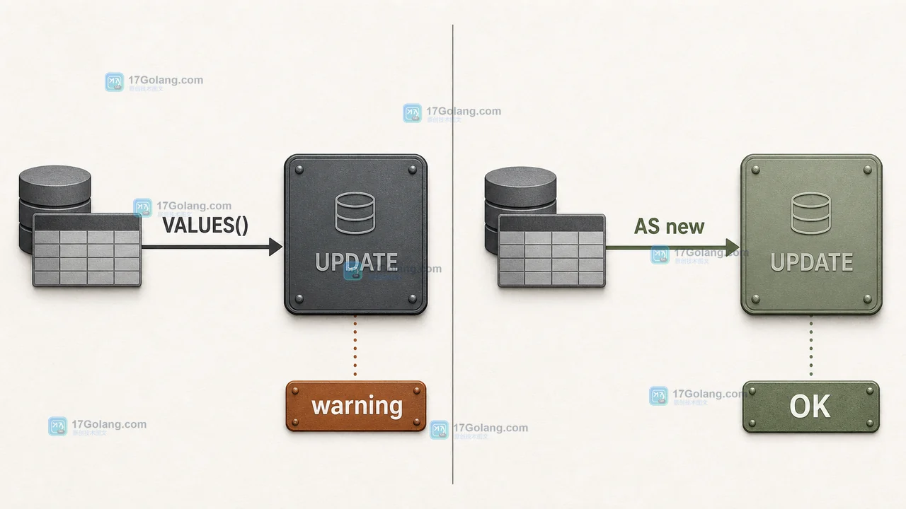 MySQL VALUES 函数弃用写法与 AS new 行别名写法在 upsert 中的修复对照