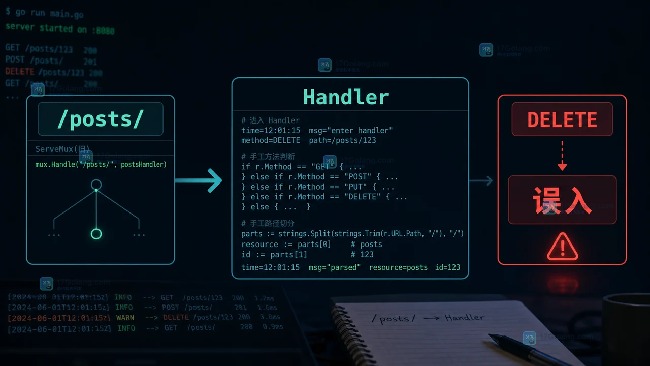 Go ServeMux 旧前缀路由在 Handler 中手工判断方法和切分 posts 路径的迁移前工程现场