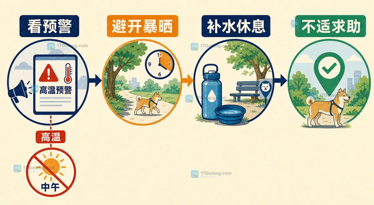 三伏天高温出行检查图，展示天气预警、避开暴晒、补水休息和身体不适处理的顺序