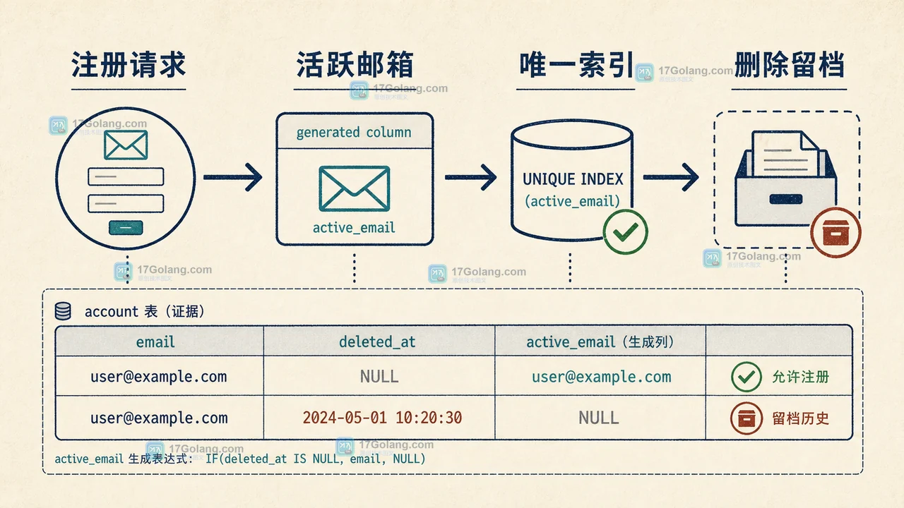 MySQL 软删除后唯一索引怎么设计：保留历史记录，也允许同邮箱再次注册