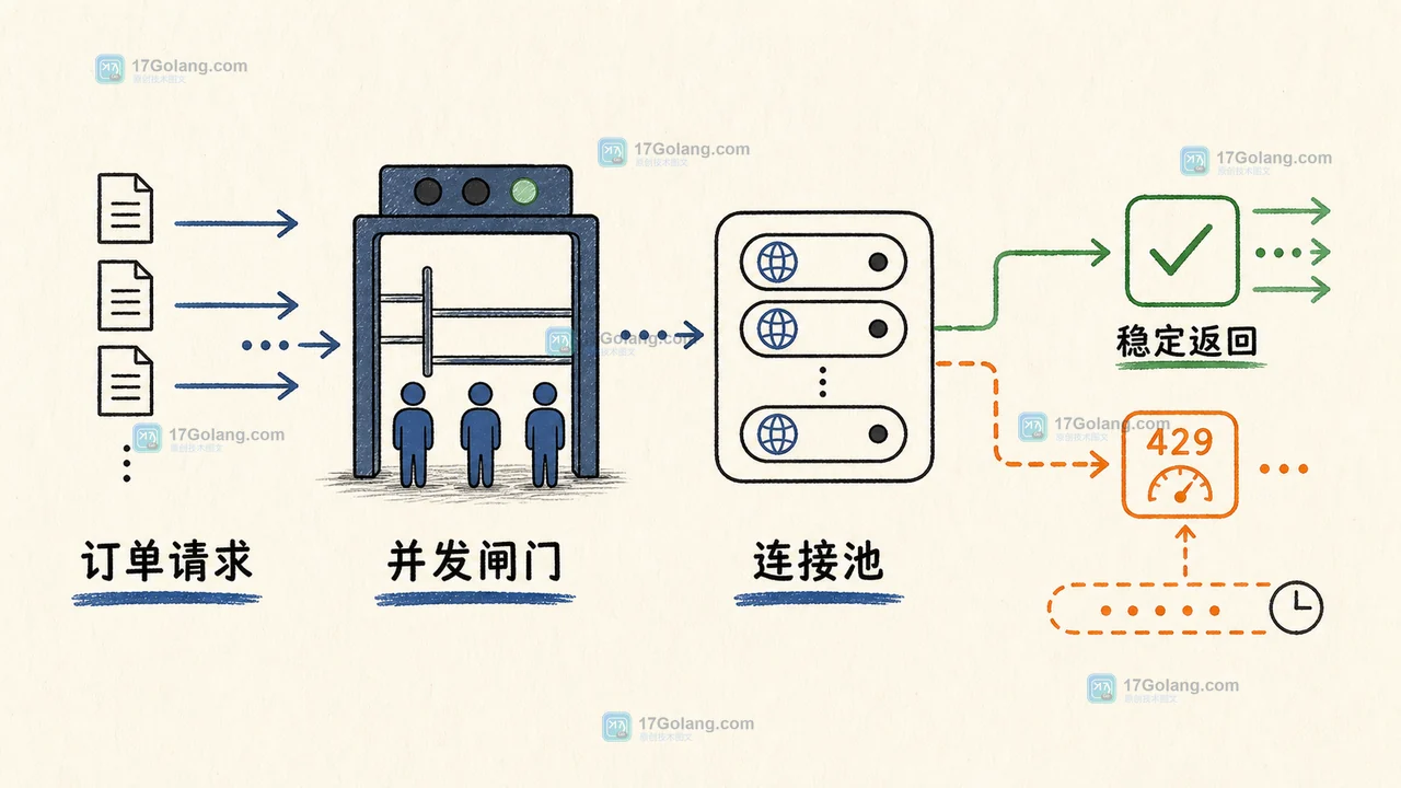 Python asyncio 的并发闸门控制订单请求进入 HTTP 连接池并返回成功或限流结果的二维技术插画