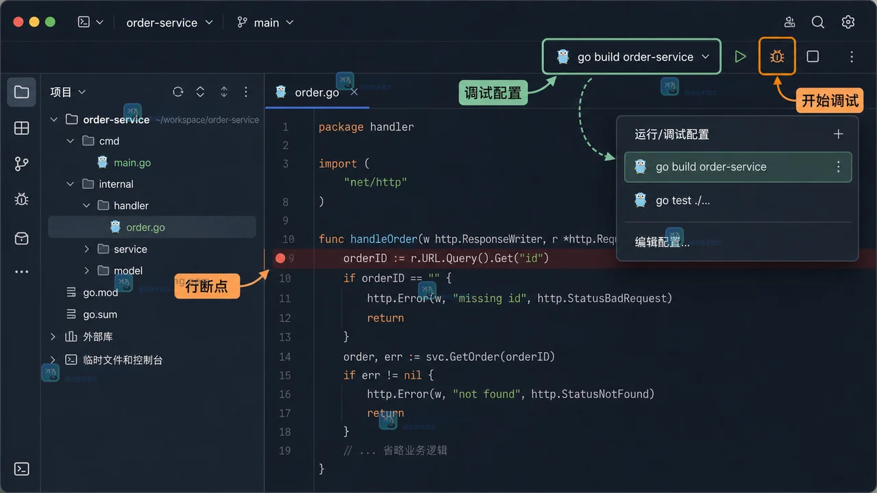 GoLand 调试 Go 程序时断点不生效怎么办：从调试配置到变量面板逐项核对