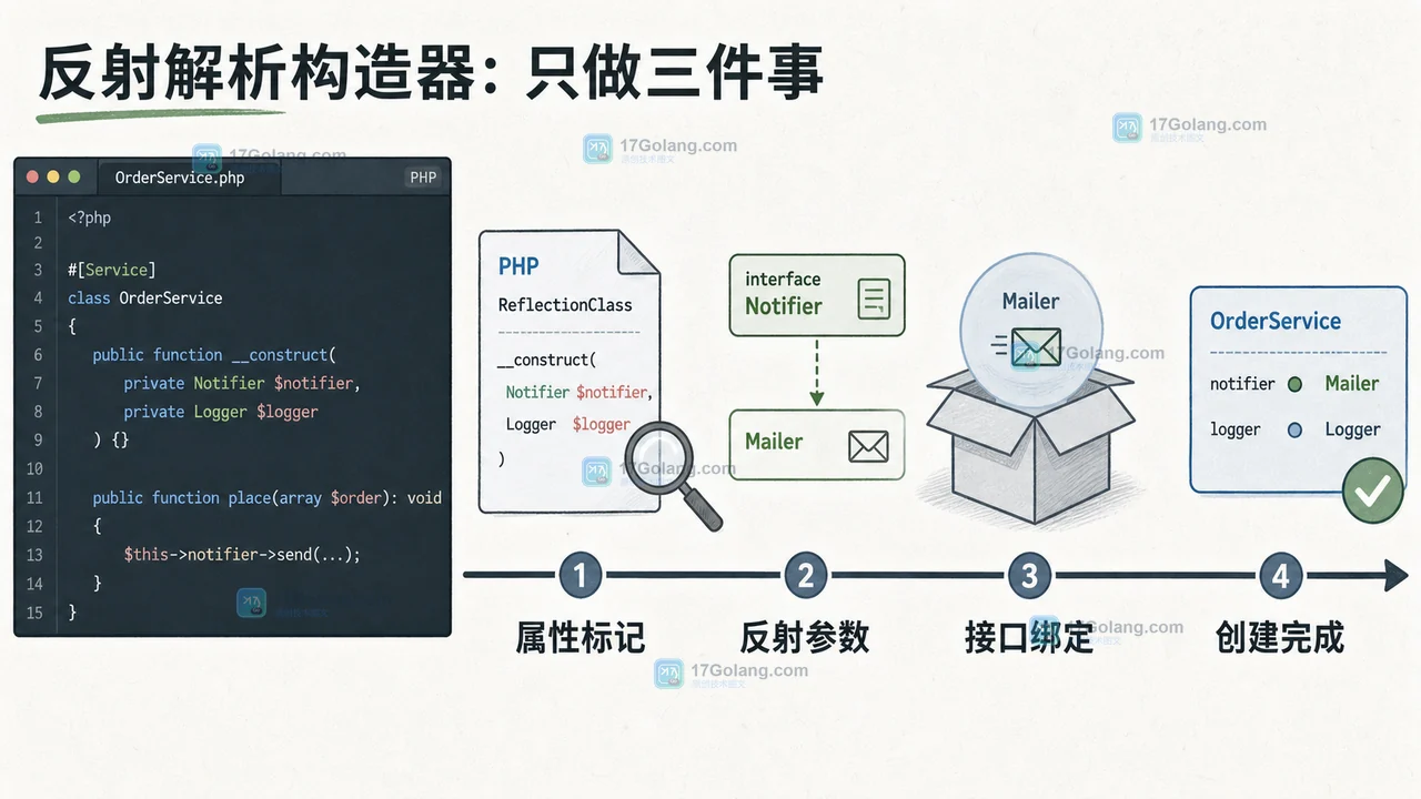 PHP 8 属性怎么做轻量依赖注入：反射注册与可测试边界